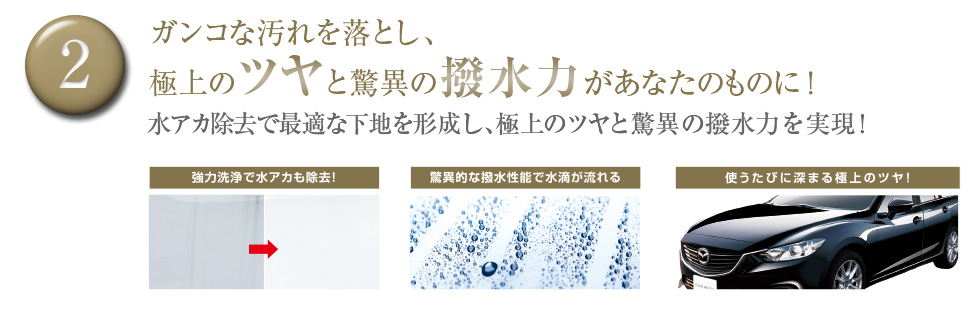 ガンコな汚れを落とし、極上のツヤと脅威の撥水力があなたのものに！